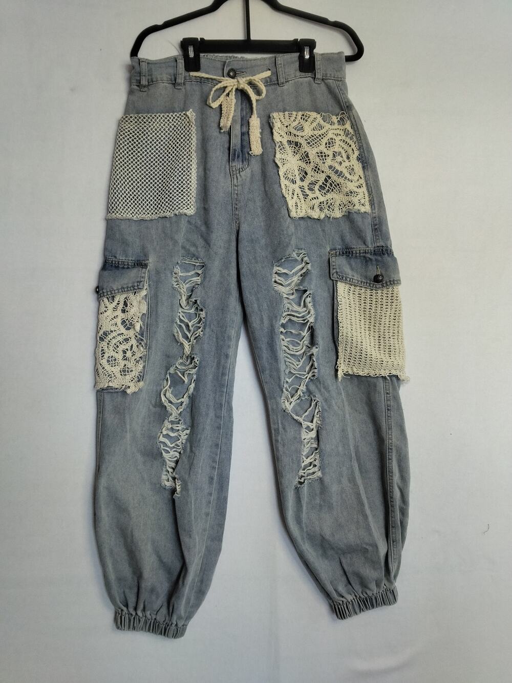 POL City Sky Distressed Denim Joggers Sz S Boho Grunge Crochet Lace Patchwork